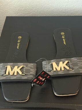 Black Slide Sandals with Gold